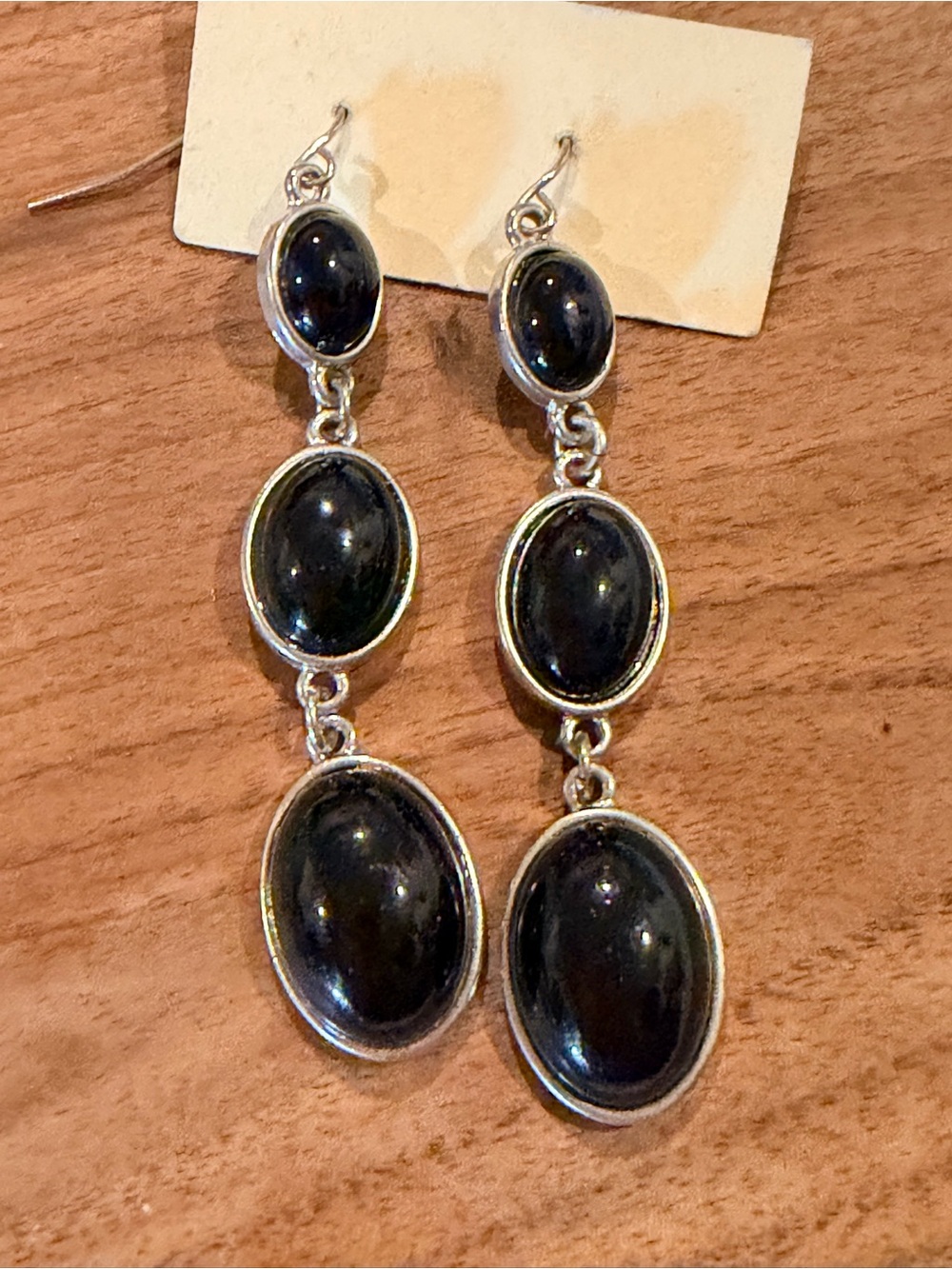 Silver-Tone Black Oval Drop Earrings - Elegant Women’s Jewelry